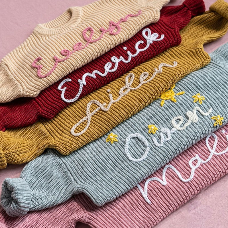 Embroidered Custom-Name Knit Sweater - Round Neck Long Sleeve