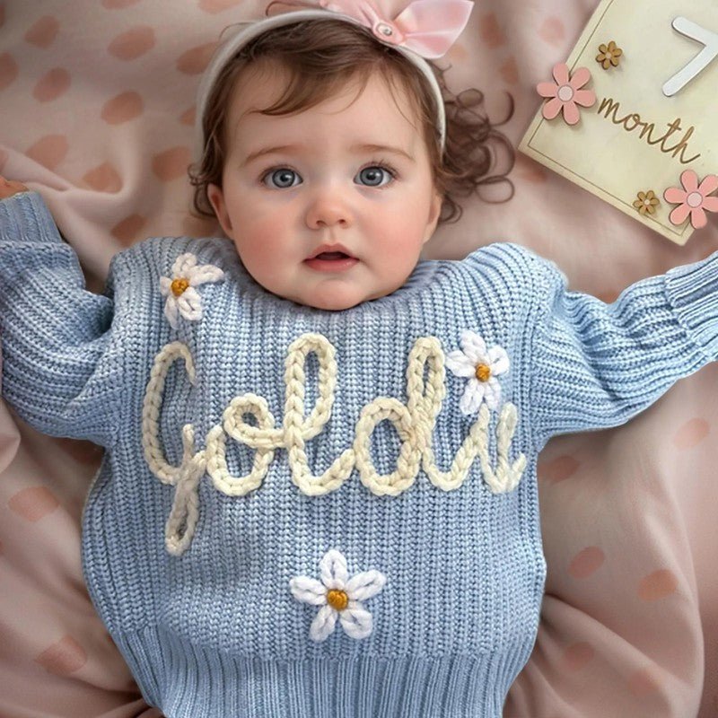 Embroidered Custom-Name Knit Sweater - Round Neck Long Sleeve