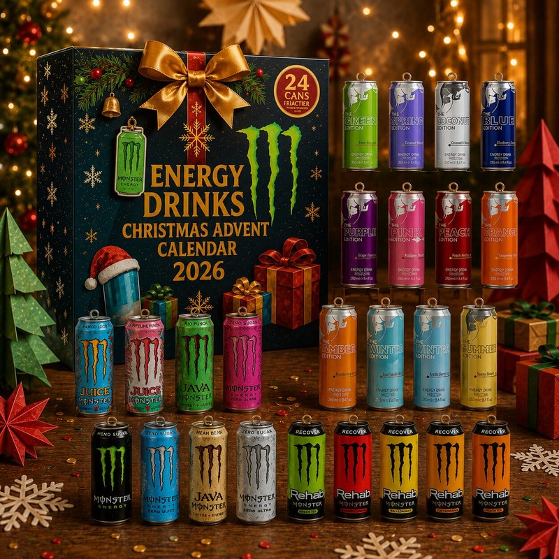 Energy Drink Advent Calendar - 24 Miniature Cans with Christmas Motifs
