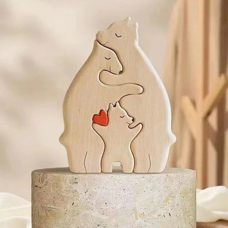 Engraved Wooden Bear Puzzle - Family Hugging Pose