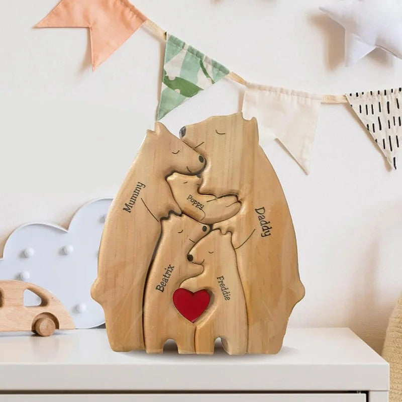 Engraved Wooden Bear Puzzle - Family Hugging Pose