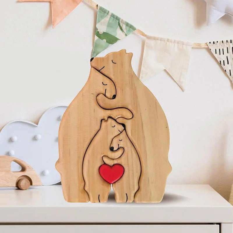 Engraved Wooden Bear Puzzle - Family Hugging Pose