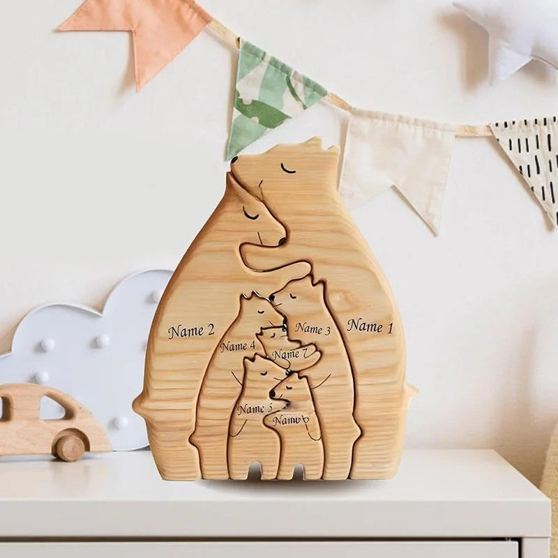 Engraved Wooden Bear Puzzle - Family Hugging Pose
