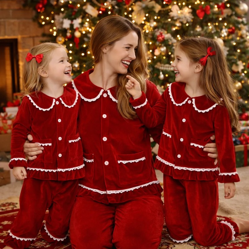 Family Matching Christmas Pajama Set - Button Front Top and Full-Length Trousers