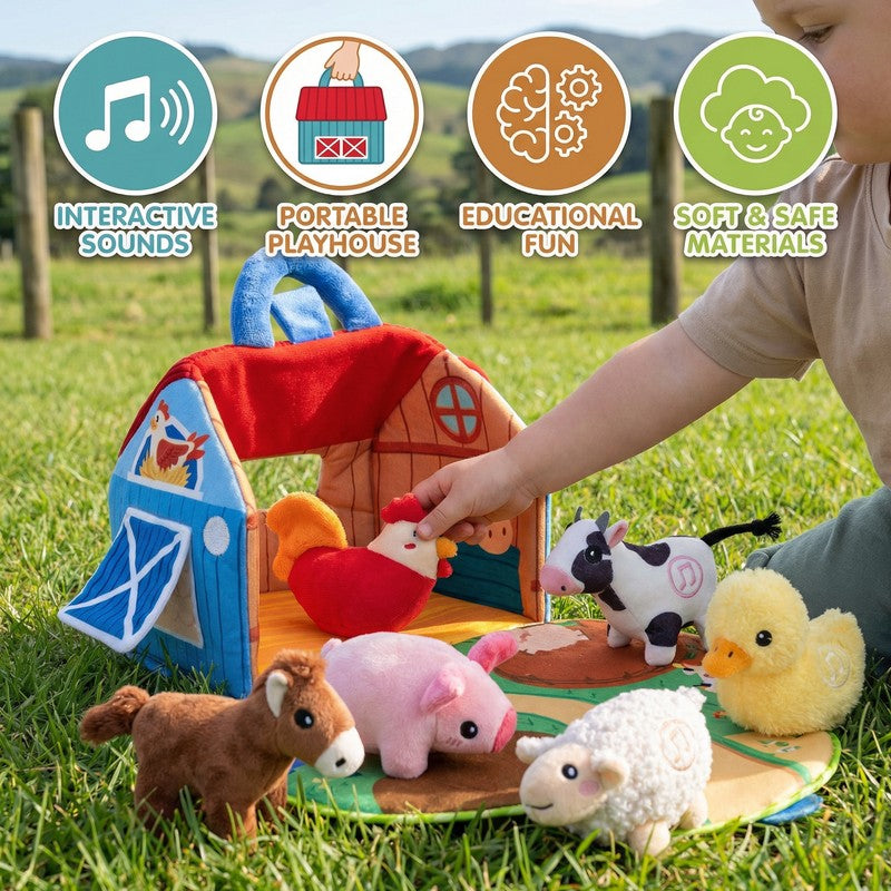 Farm Plush Toy Playset - Portable Fabric Barn with Animal Figures