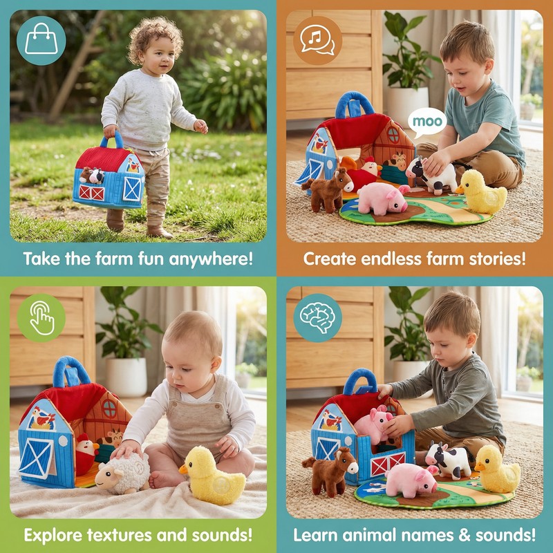 Farm Plush Toy Playset - Portable Fabric Barn with Animal Figures