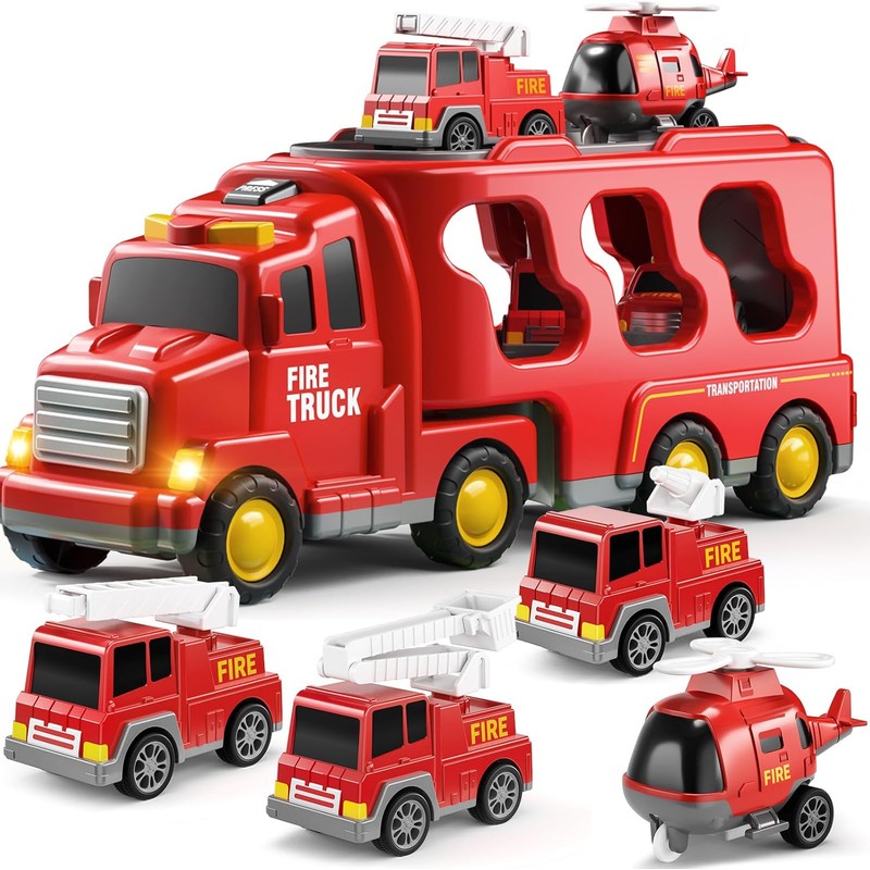Fire Truck Playset with Detachable Trailer - 5 Piece Vehicle Set