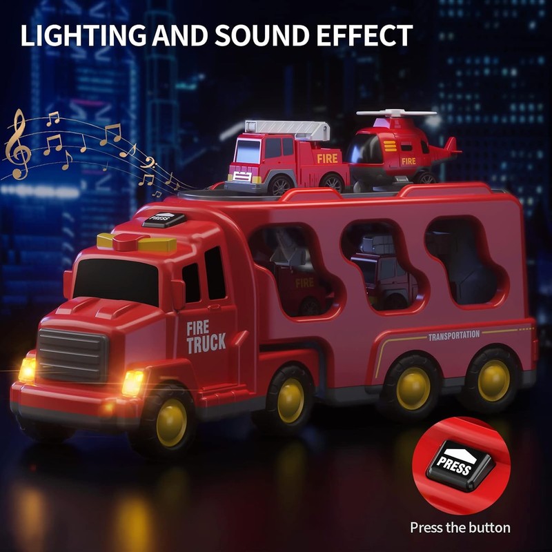 Fire Truck Playset with Detachable Trailer - 5 Piece Vehicle Set