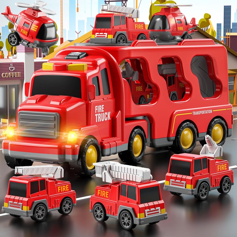 Fire Truck Playset with Detachable Trailer - 5 Piece Vehicle Set
