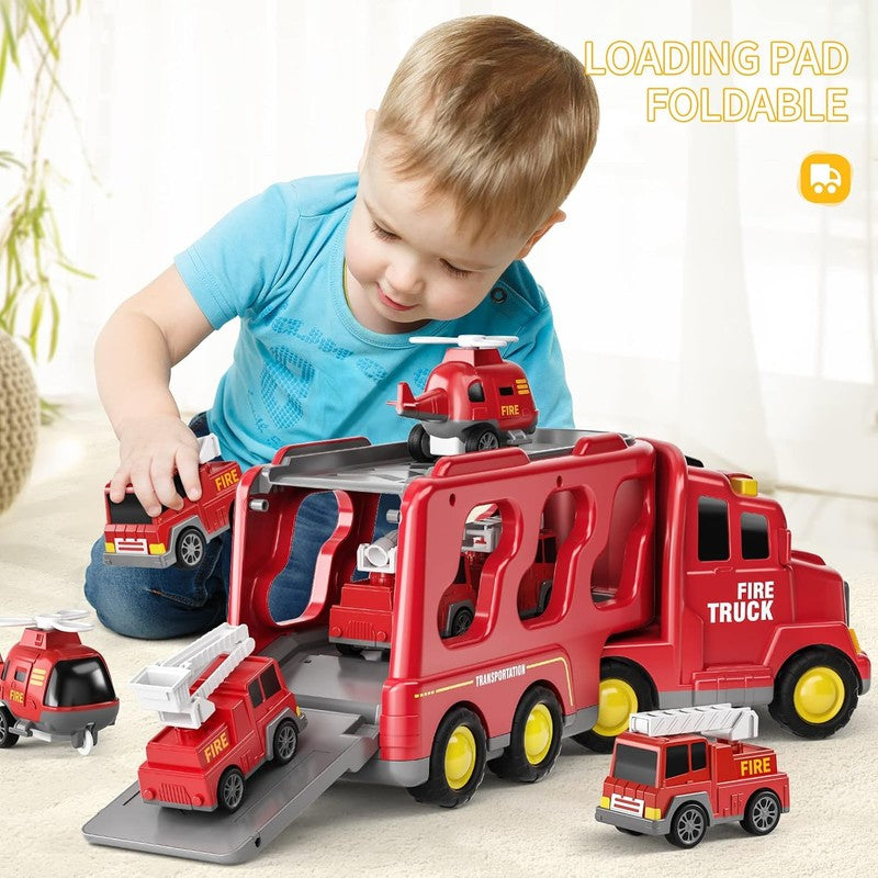 Fire Truck Playset with Detachable Trailer - 5 Piece Vehicle Set
