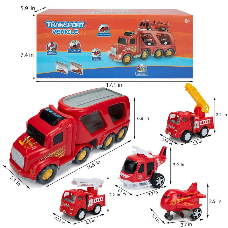 Fire Truck Playset with Detachable Trailer - 5 Piece Vehicle Set