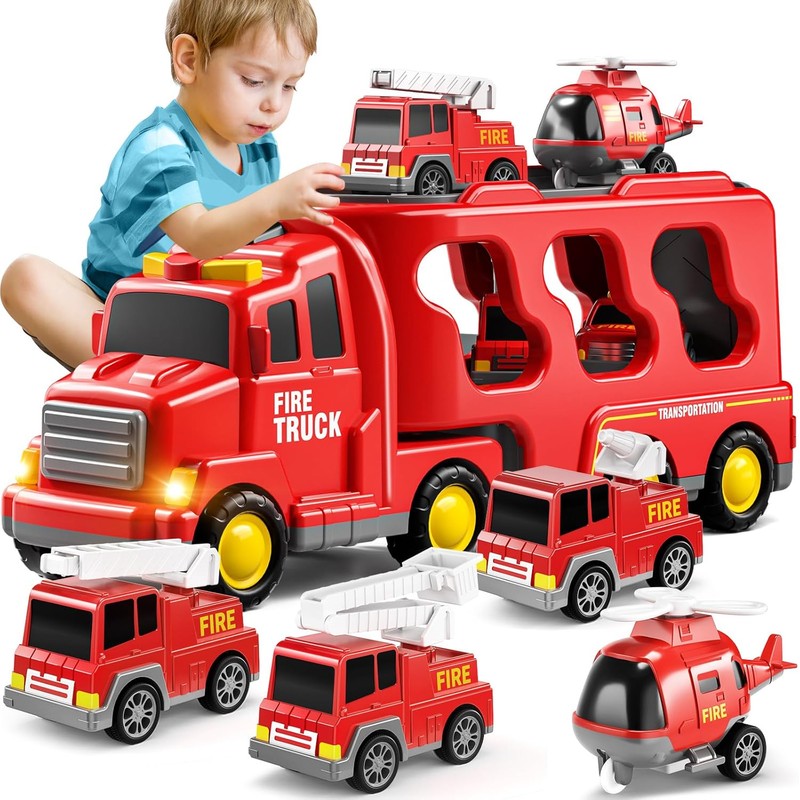 Fire Truck Playset with Detachable Trailer - 5 Piece Vehicle Set