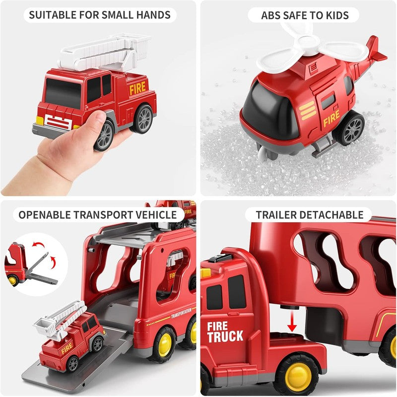 Fire Truck Playset with Detachable Trailer - 5 Piece Vehicle Set
