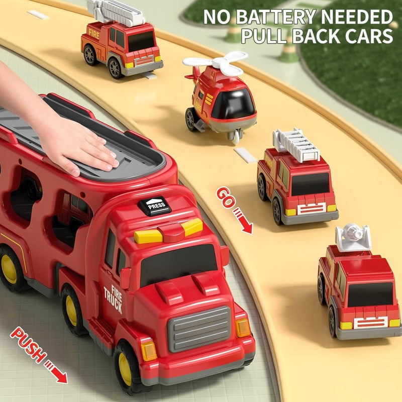 Fire Truck Playset with Detachable Trailer - 5 Piece Vehicle Set