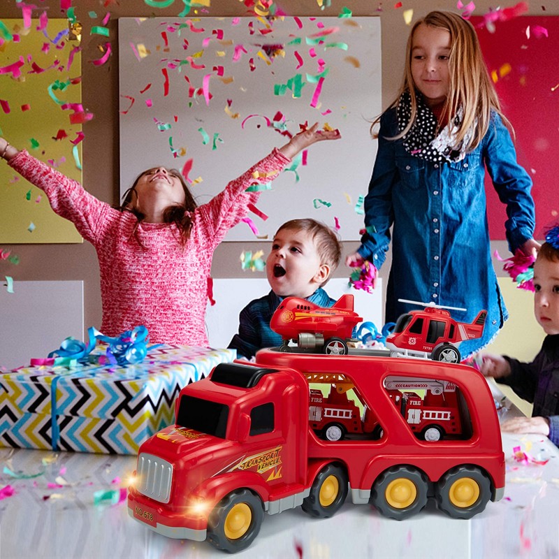 Fire Truck Playset with Detachable Trailer - 5 Piece Vehicle Set