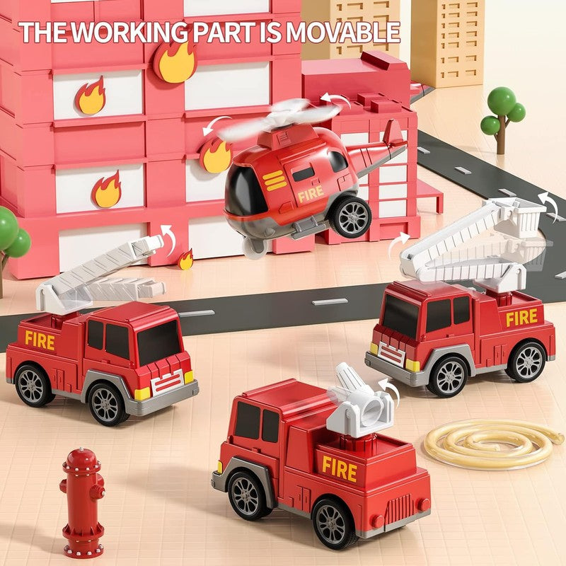 Fire Truck Playset with Detachable Trailer - 5 Piece Vehicle Set