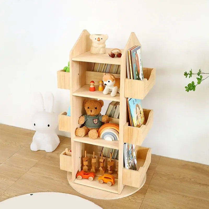 Floor-standing Rotating Bookcase - House-Shaped Top with Open Shelves