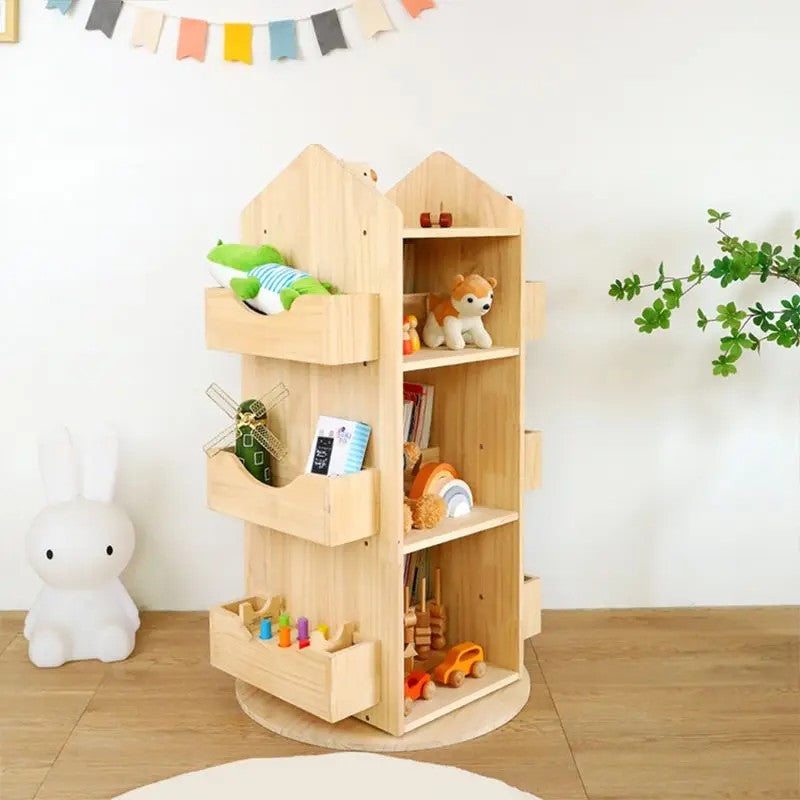 Floor-standing Rotating Bookcase - House-Shaped Top with Open Shelves