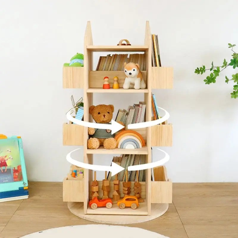 Floor-standing Rotating Bookcase - House-Shaped Top with Open Shelves