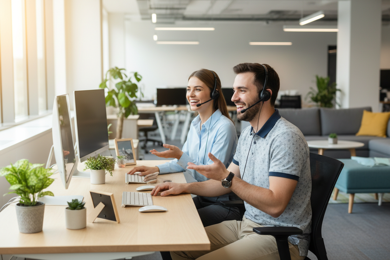 ik wil dat je een afbeelding maakt van 2 vrolijke medewerkers die klantenservice doen en het leuk vinden klanten te helpen, ik wil geen teksten op de achtergrond