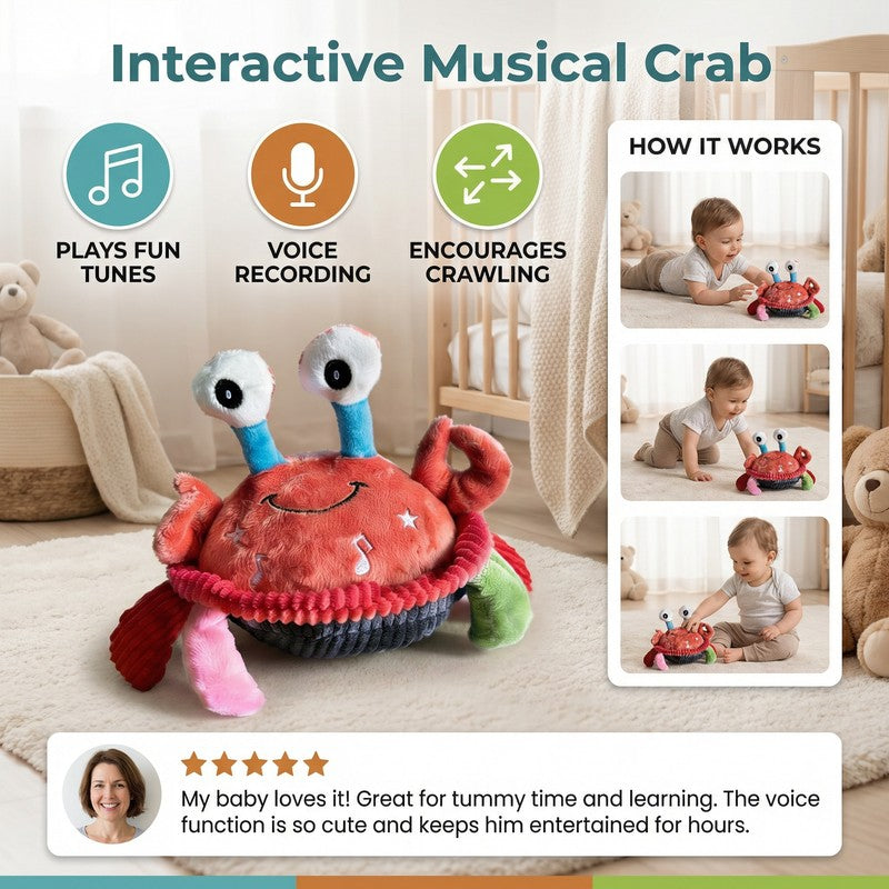 Interactive Plush Crab Toy - Musical Sensory Toy with Light-Up Details
