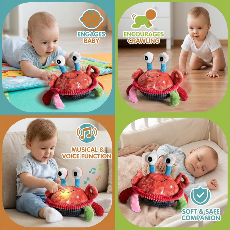 Interactive Plush Crab Toy - Musical Sensory Toy with Light-Up Details