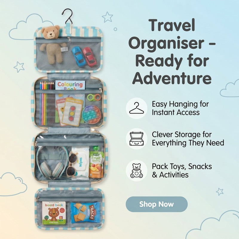 Kids Fold-Out Travel Organiser Bag - Hanging Storage Compartments