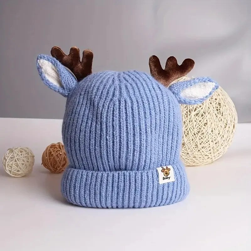 Kids' Knitted Beanie Hat with Deer Antlers and Ears