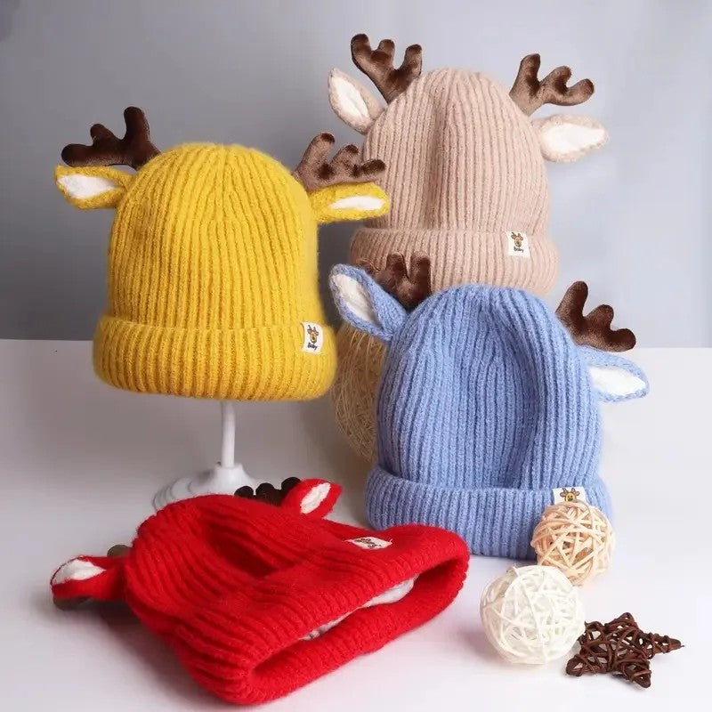 Kids' Knitted Beanie Hat with Deer Antlers and Ears