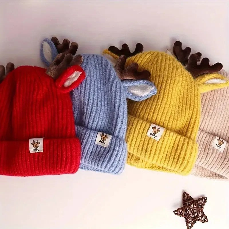 Kids' Knitted Beanie Hat with Deer Antlers and Ears