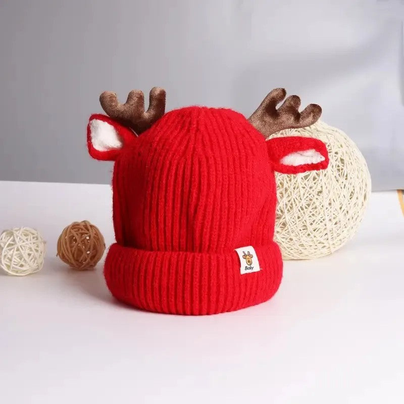Kids' Knitted Beanie Hat with Deer Antlers and Ears