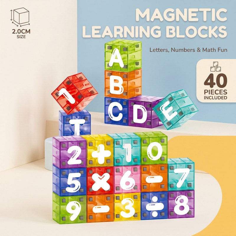 Magnetic Alphabet and Numbers Learning Blocks Set - 40 Piece Cube Set