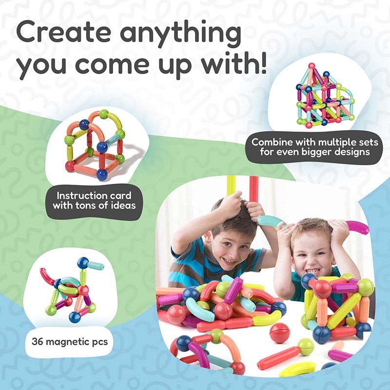 Magnetic Toy Set - 36 Pieces with Straight and Curved Rods