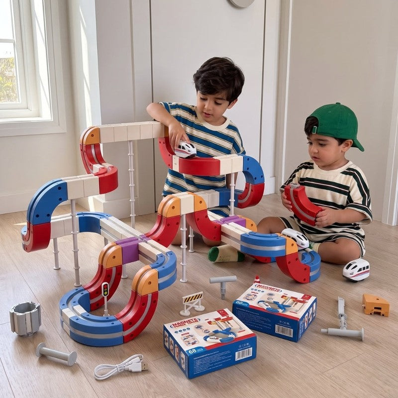 Magnetic Train Track Building Set - Multi-Level Loop Configuration