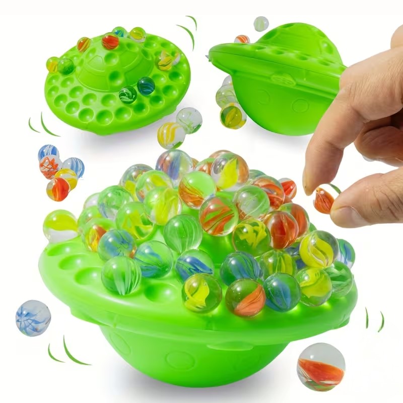 Marble Stacking Game with 60 Colorful Marbles and Green Platform