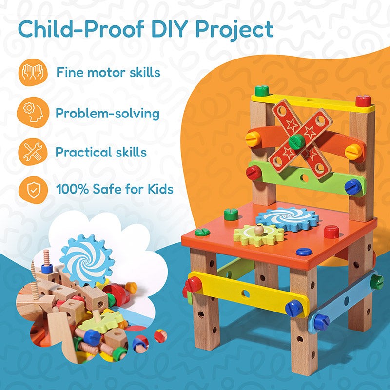 Montessori DIY Wooden Toy Set - Buildable Chair with Toy Tools