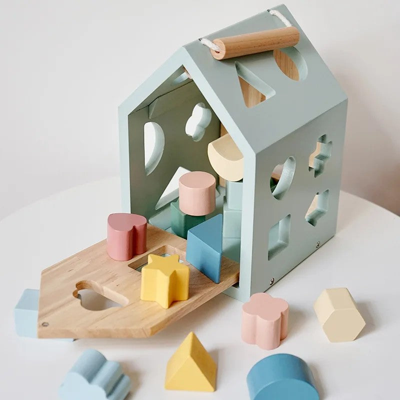 Montessori-Inspired Wooden Shape-Sorting House Toy - Geometric Blocks