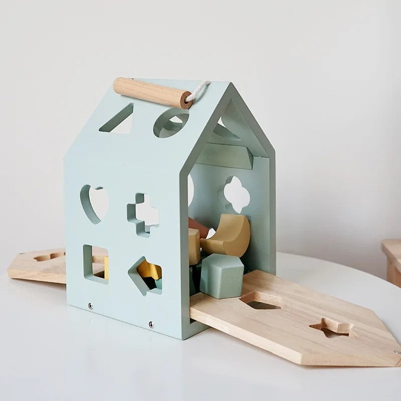 Montessori-Inspired Wooden Shape-Sorting House Toy - Geometric Blocks