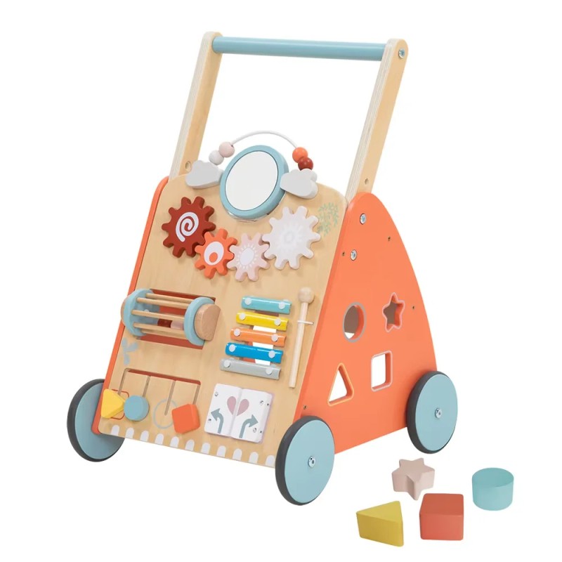 Montessori Multi-Activity Wooden Baby Walker Push Toy - Natural Wood with Colour Accents
