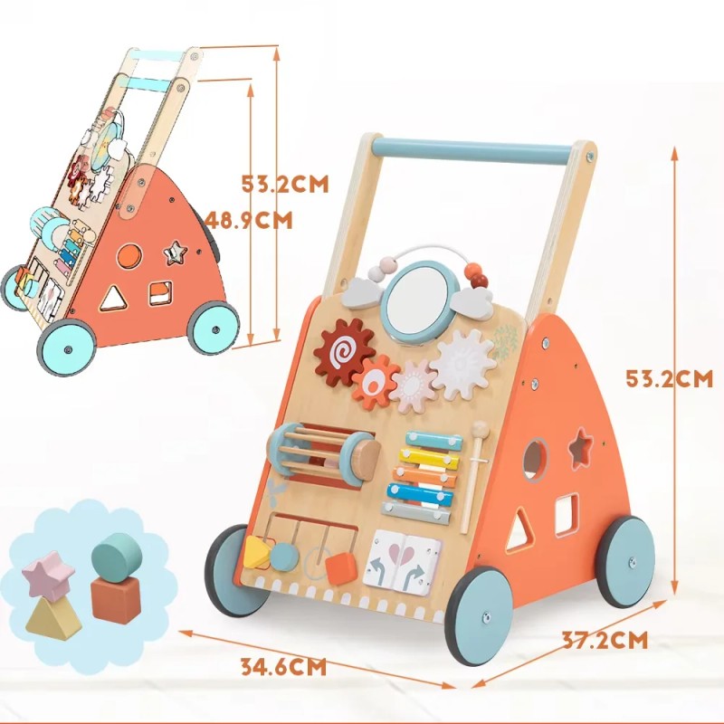 Montessori Multi-Activity Wooden Baby Walker Push Toy - Natural Wood with Colour Accents