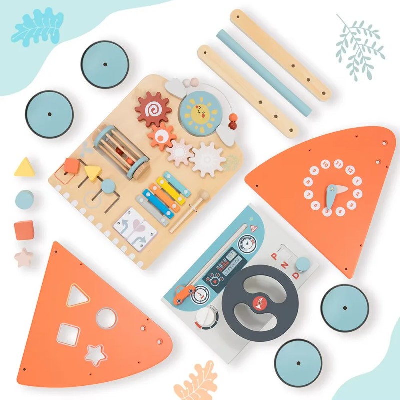 Montessori Multi-Activity Wooden Baby Walker Push Toy - Natural Wood with Colour Accents