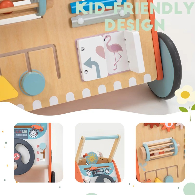 Montessori Multi-Activity Wooden Baby Walker Push Toy - Natural Wood with Colour Accents
