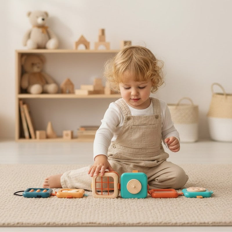 Montessori Sensory Activity Toy - 7-in-1 Fold-Out Panels with Braided Handle