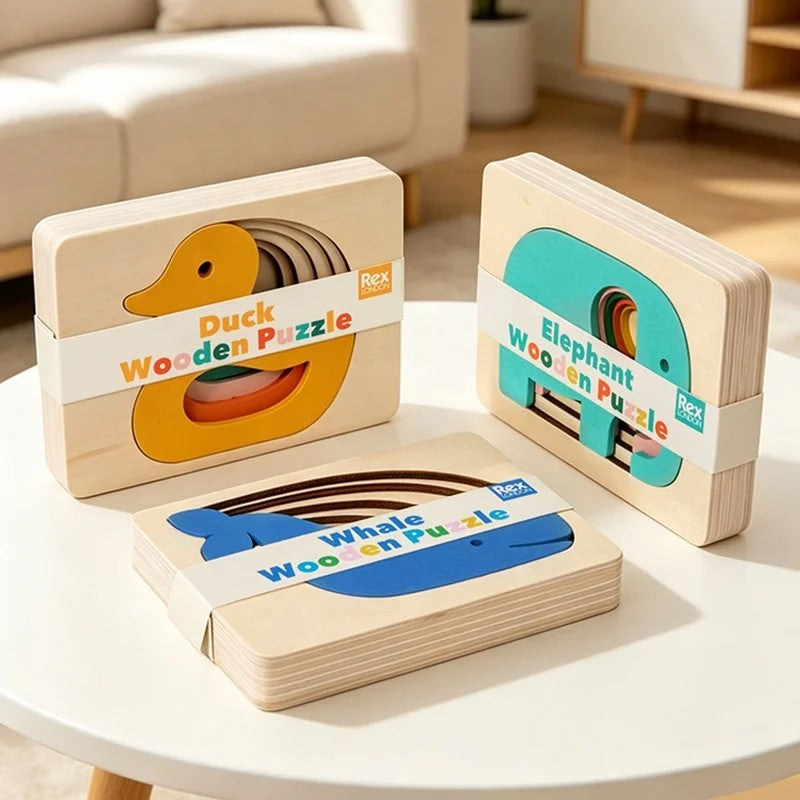 Montessori Wooden Animal Layer Puzzle - Duck, Elephant and Whale Theme