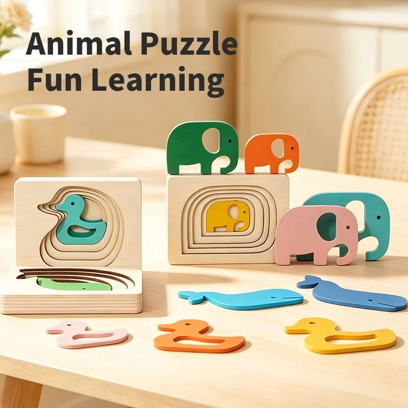 Montessori Wooden Animal Layer Puzzle - Duck, Elephant and Whale Theme