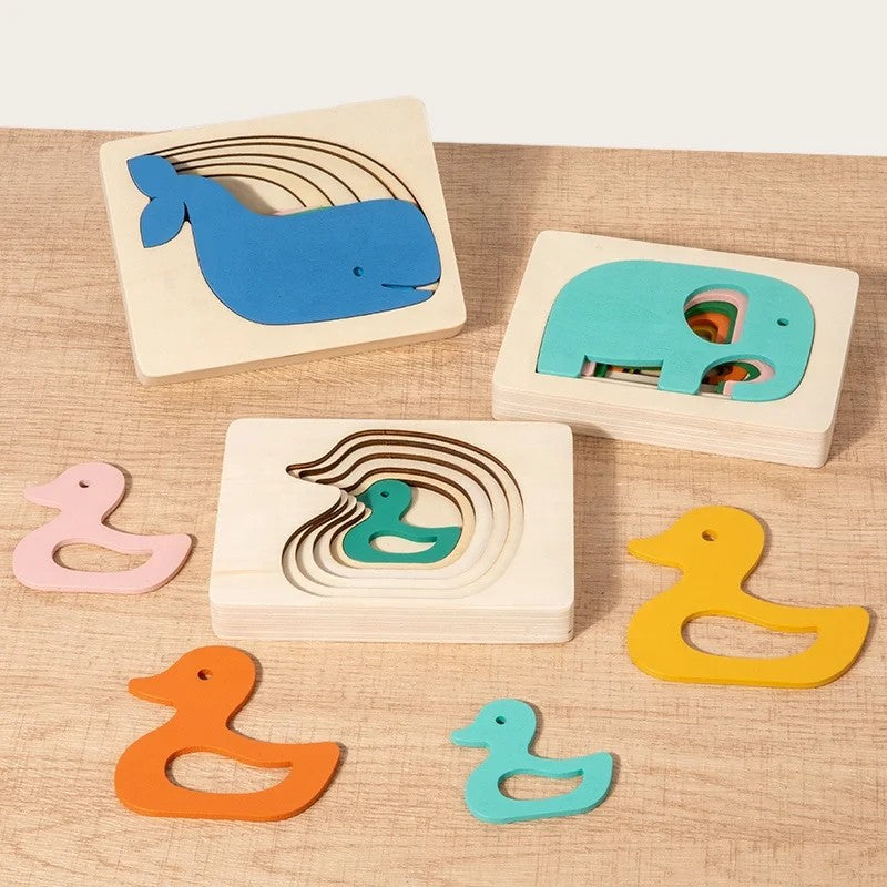 Montessori Wooden Animal Layer Puzzle - Duck, Elephant and Whale Theme