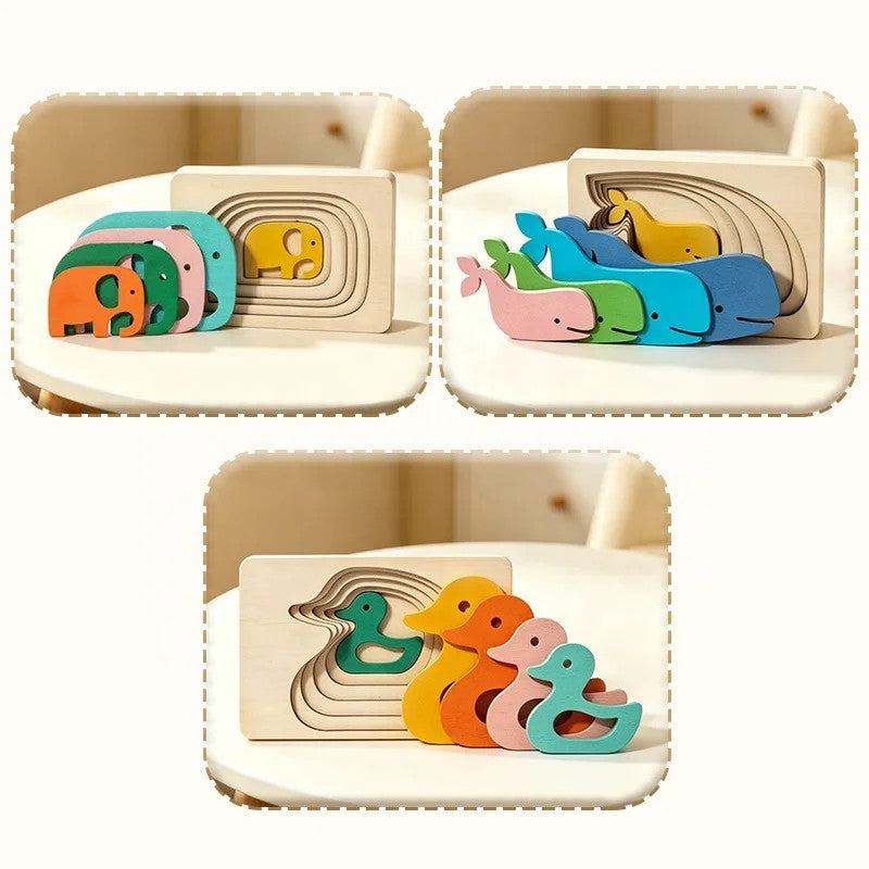 Montessori Wooden Animal Layer Puzzle - Duck, Elephant and Whale Theme