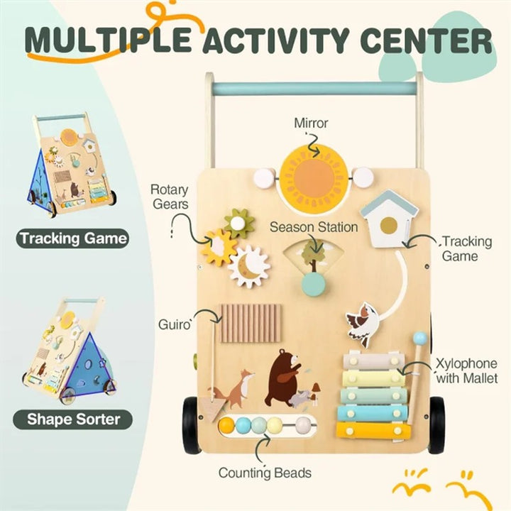Montessori Wooden Baby Push Walker with Activity Center