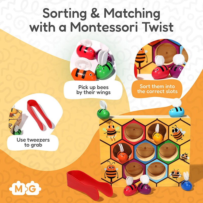 Montessori Wooden Sorting and Matching Toy - Beehive Theme