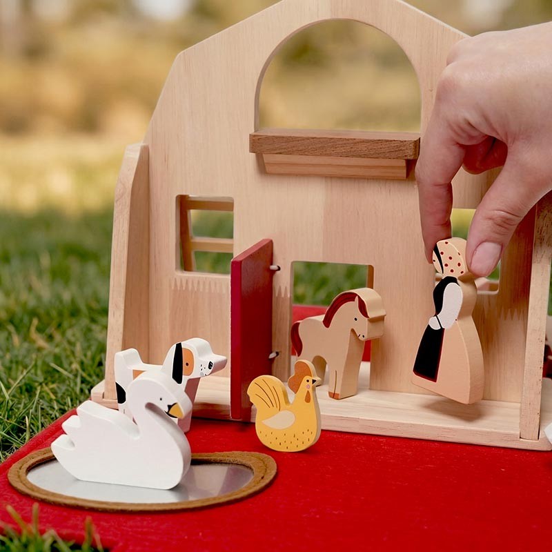 Montessori Wooden Toy Farm Playset with Transformable Carry Bag